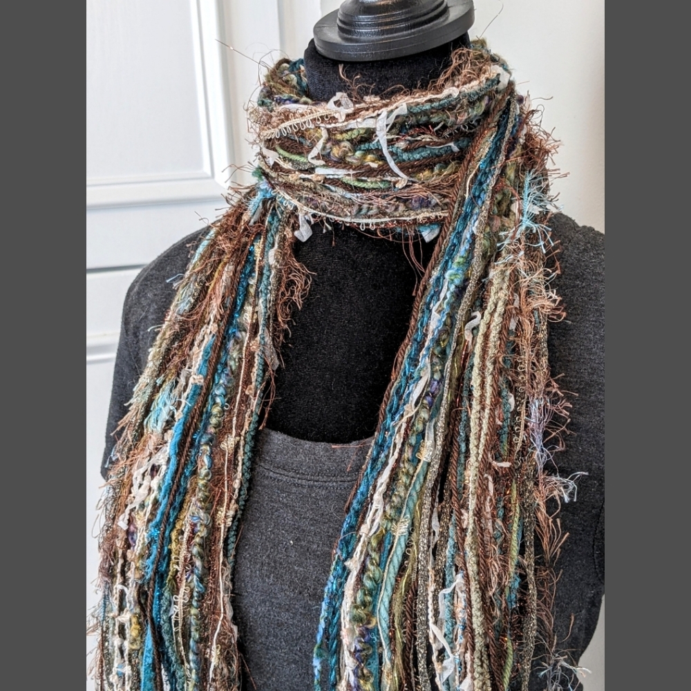 Handmade Fringe Scarf - Teal Aqua Blue Green Gray White Brown Gold Flowy Chic